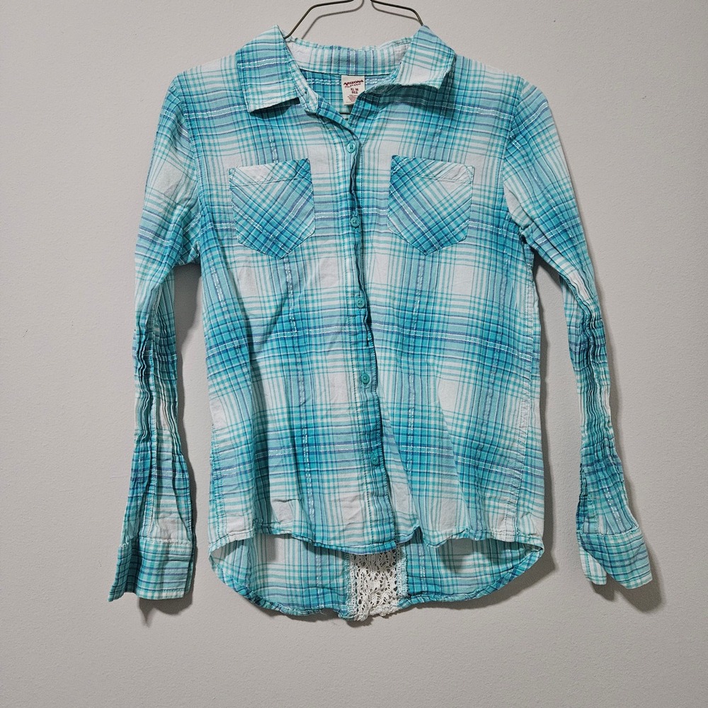 Y2K Arizona Jean Co Teal Plaid Lace Back Button Down Shirt Lace Detail XL 14/16